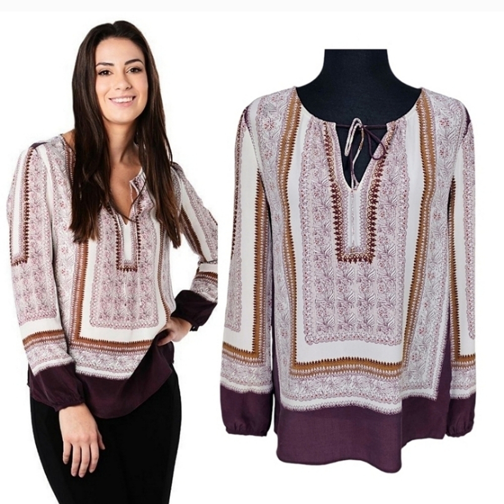 Ecru Silk Blouse Size Medium Beige Plum Boho Scarf Print Classic Upscale Neutral
